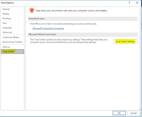 Trust Center Settings