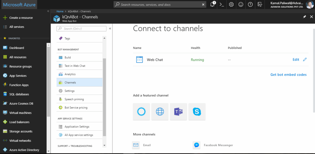 Azure chatbot Channels